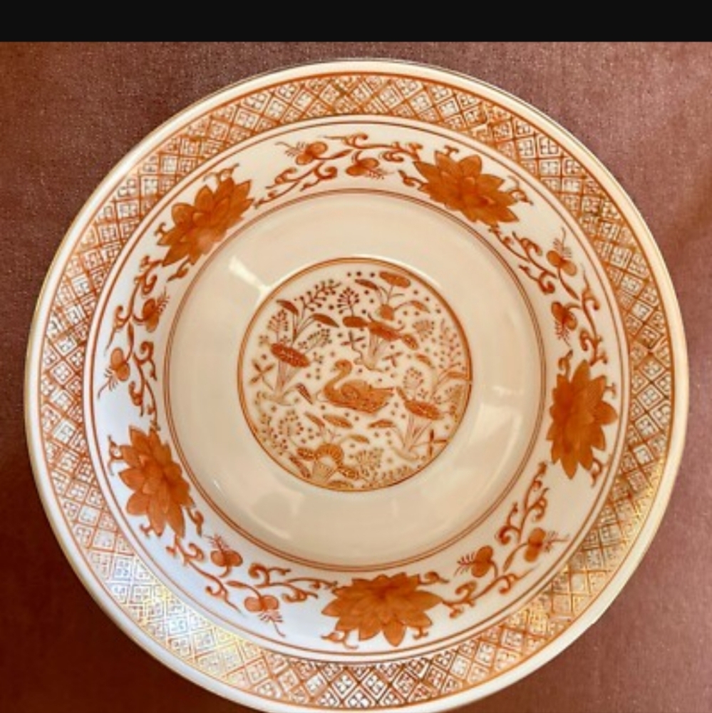 Andrea By Sadek Orange and Gold Japanese Decorative Bowl With Lotus And Swan